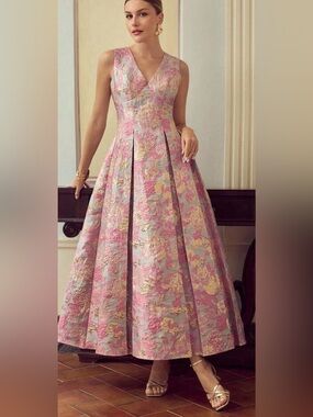 Unlisted Pink and Gold Floral Brocade V-Neck Maxi Dress